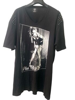 Black Graphic Tee with Studded Shoulders